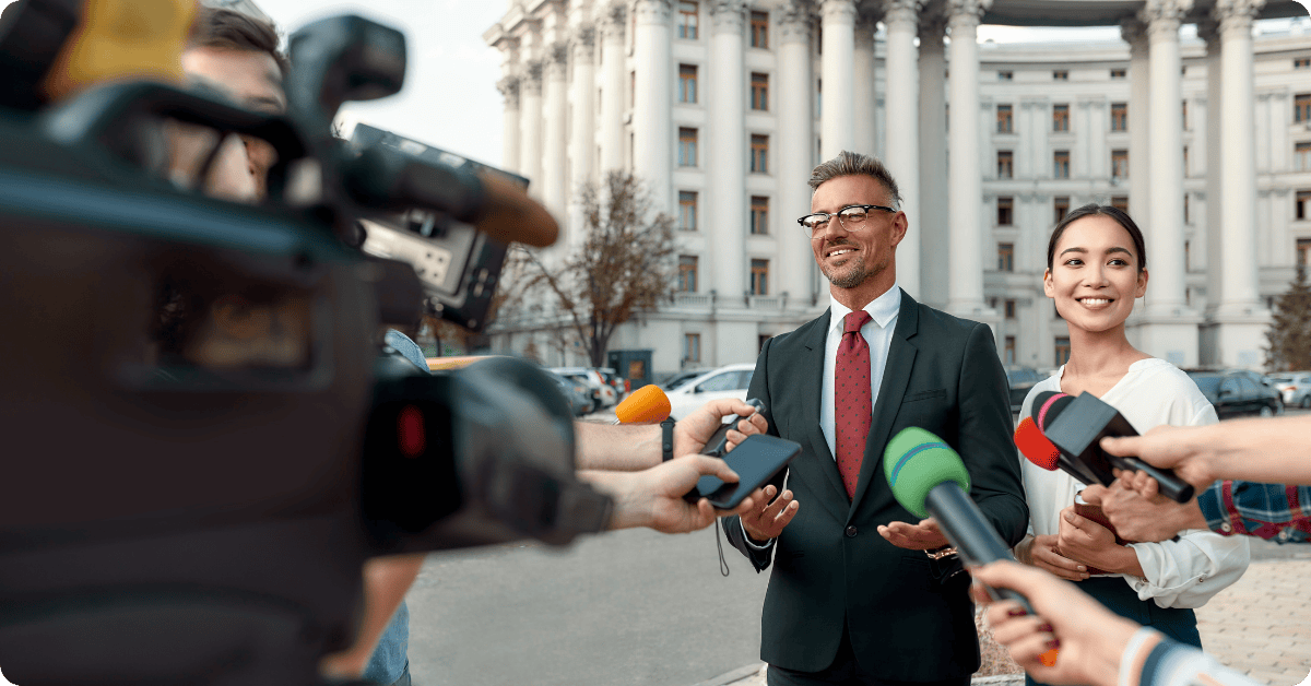 A Confident Political Leader Talking to a News Crew